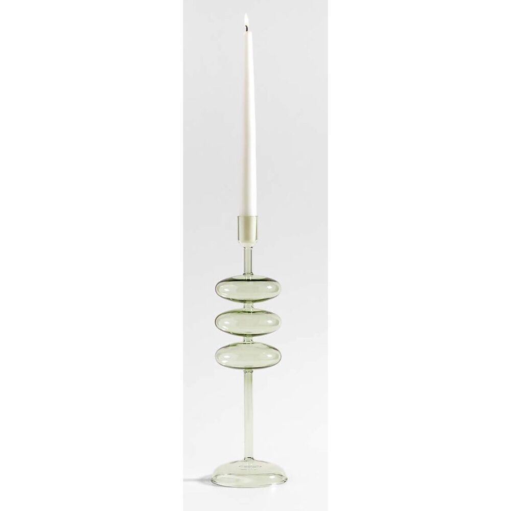 Crate & Barrel Venezia Large Smoke Green Glass Taper Candle Holder 15"